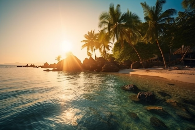 A beach with palm trees and a sunset in the background