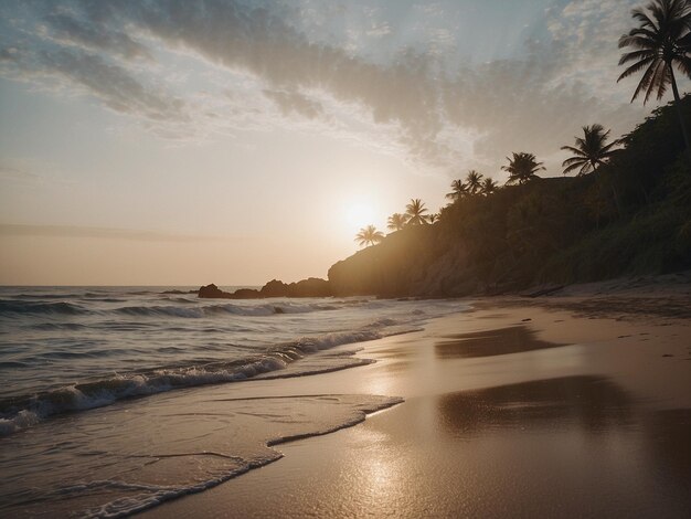 a beach with palm trees and a sunset in the background