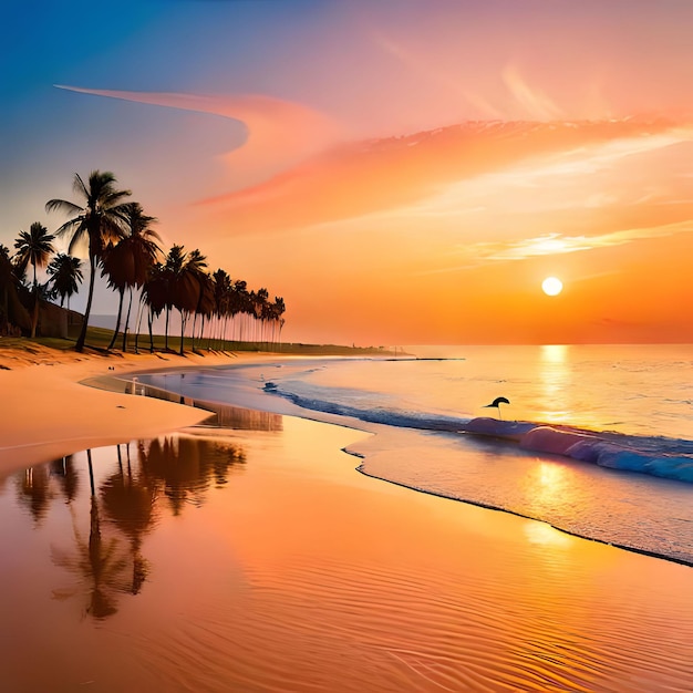 A beach with palm trees and a sunset with a bird flying over it.