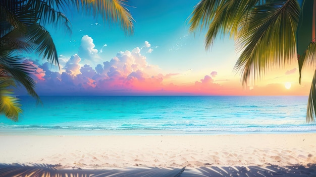 A beach with palm trees and a sunset