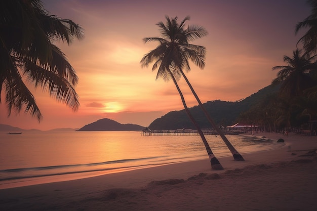 A beach with palm trees and a sunset