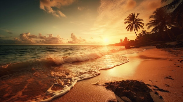 A beach with palm trees and a sunset