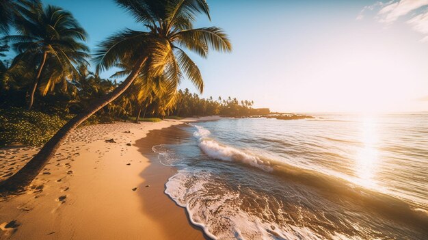 Photo a beach with palm trees and a sunset