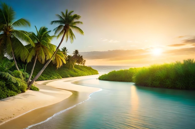 A beach with palm trees and a sunset