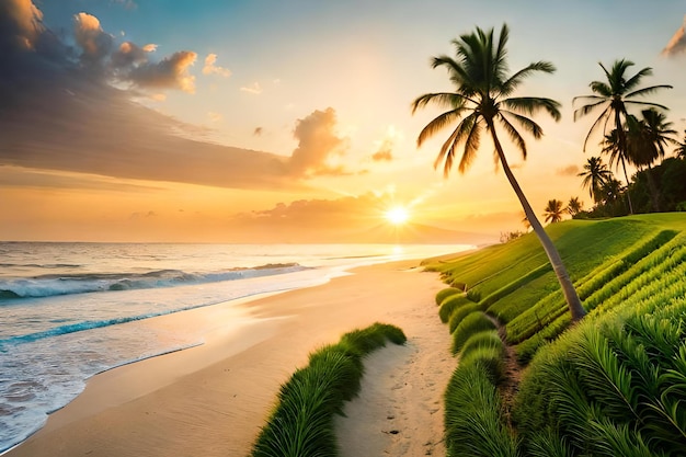 A beach with palm trees and a sunset