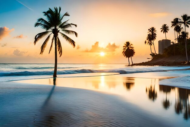 A beach with palm trees and a sunset