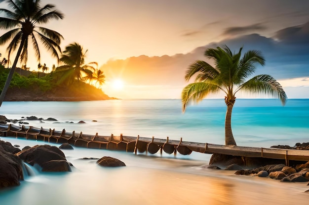 A beach with palm trees and a sunset