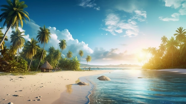 Premium AI Image | A beach with palm trees and a sunset