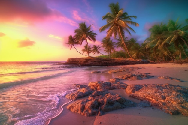 A beach with palm trees and a sunset