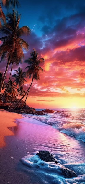 A beach with palm trees and the sunset