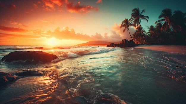 A beach with palm trees and a sunset