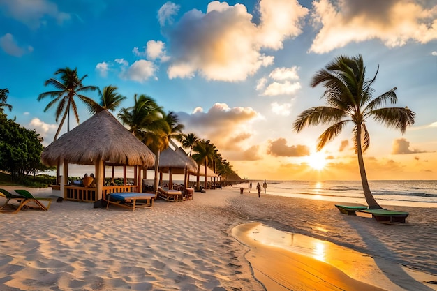 A beach with palm trees and a sunset