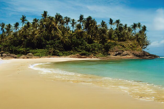 A beach with palm trees and water in the background