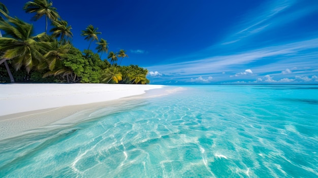 A beach with palm trees and water in the foreground