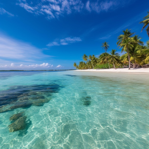 A beach with palm trees and water in the foreground