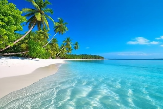 A beach with palm trees and water