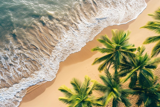 a beach with palm trees and a wave in the background