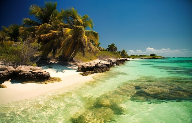 A beach with palm trees white sand and clear water