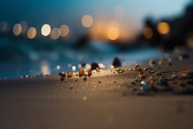 A beach with pebbles and a blurred light in the background