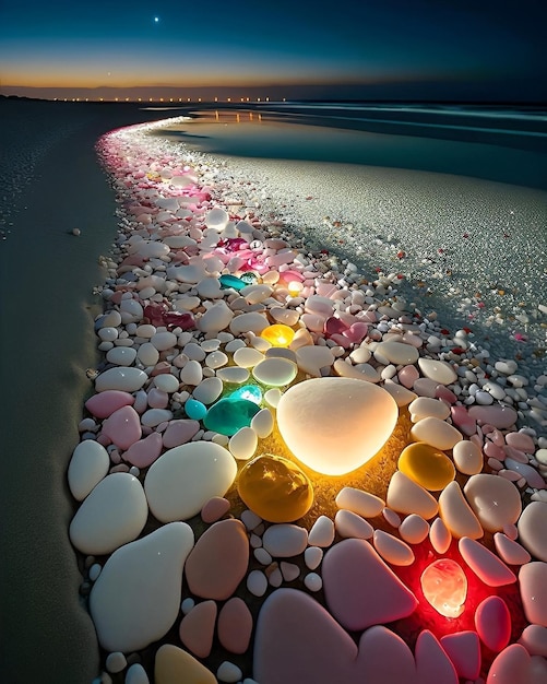 A beach with pebbles and a colorful light that is on the sand