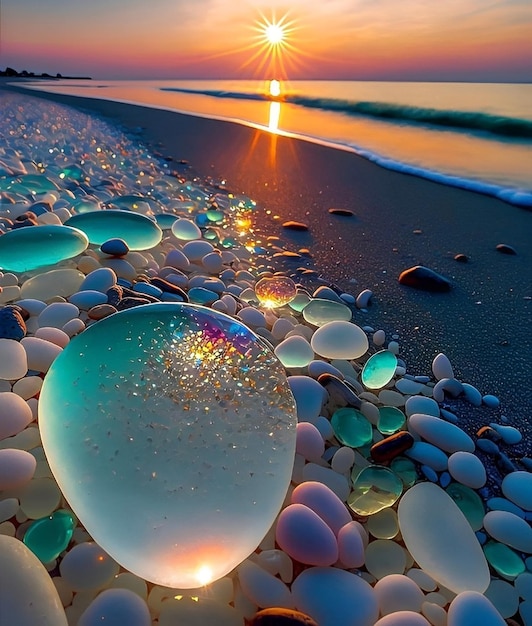 Foto una spiaggia di ciottoli e un tramonto sullo sfondo