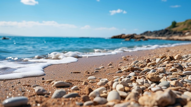 a beach with pebbles and water in the background