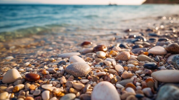 Foto una spiaggia con ciottoli e acqua sullo sfondo