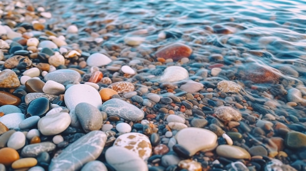 A beach with pebbles and water in the background