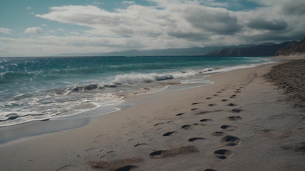 A beach with a person on it and the ocean in the background