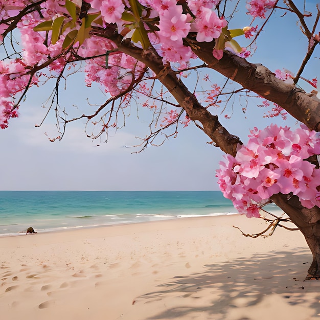 a beach with a person sitting under a tree with pink flowers