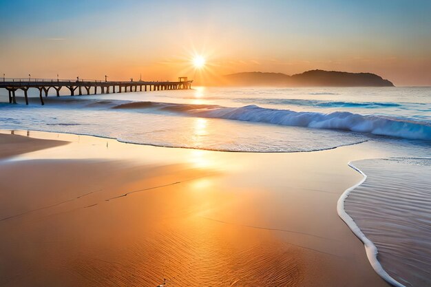 A beach with a pier in the background