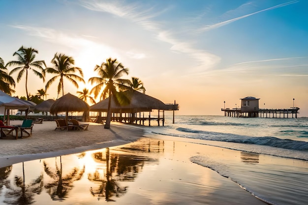 a beach with a pier and palm trees in the background