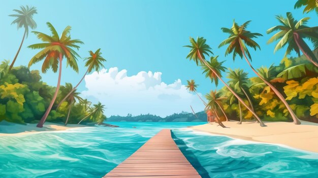 Пляж с пирсом и пальмами на нем
