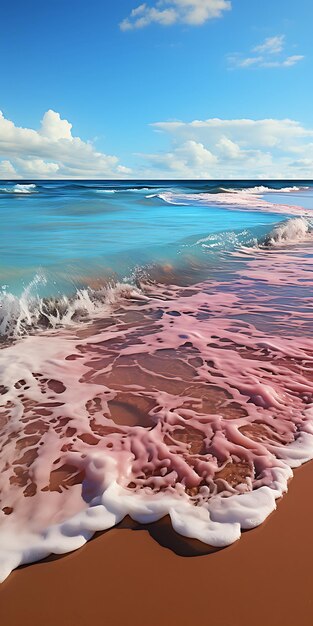 Photo a beach with pink and blue water and a pink foamy wave