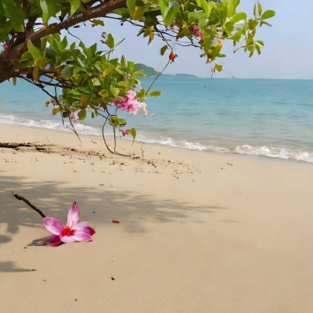 a beach with a pink flower on the left and a white wave in the background