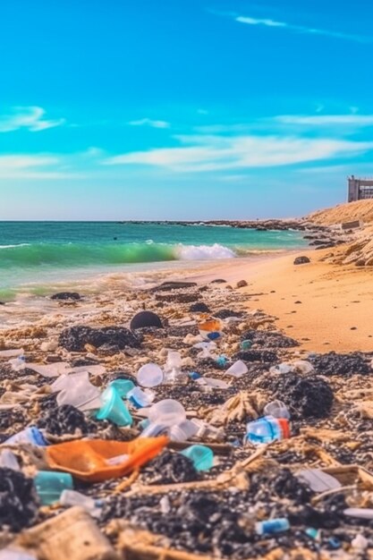 A beach with plastic bottles and a blue sky