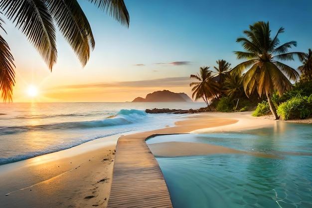 A beach with a pool and palm trees in the background