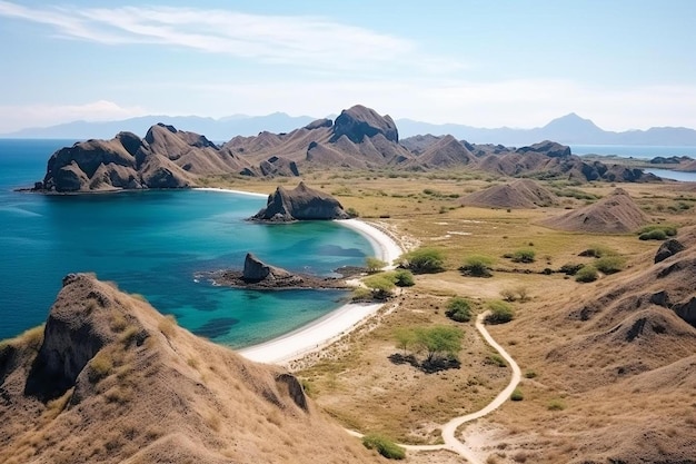 Photo a beach with a road leading to a mountain with a road leading to the ocean