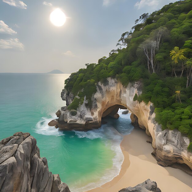 Photo a beach with a rock arch that has a beach in the middle