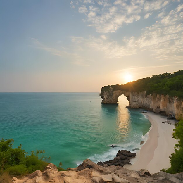 Photo a beach with a rock arch that has the sun shining on it