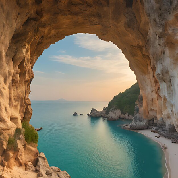 Photo a beach with a rock arch that says  the name of the sea