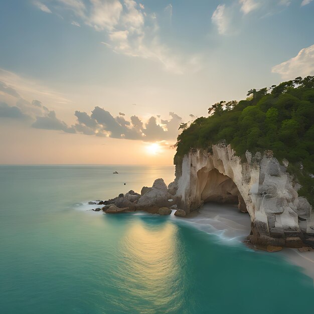 Photo a beach with a rock in the foreground and a sunset in the background