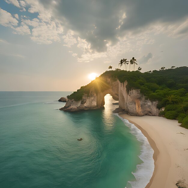 Photo a beach with a rock formation and a beach in the background