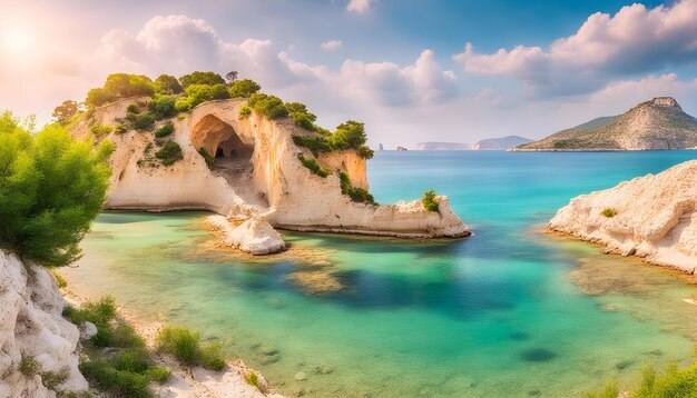 Photo a beach with a rock formation and a beach with a cave in the middle