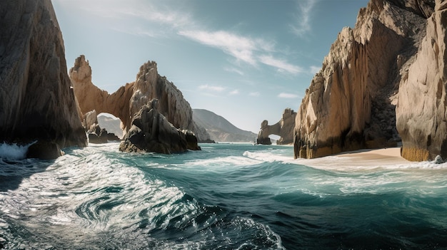 A beach with rocks and a big arch in the water