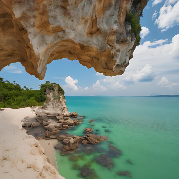 Photo a beach with rocks and a cliff with a blue sky and the ocean in the background