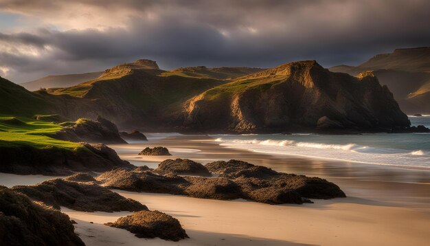 a beach with rocks and a cloudy sky in the background