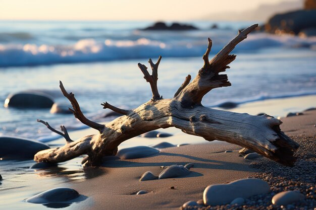 beach with rocks and a Driftwood in the sea