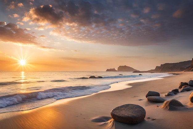 A beach with rocks on it and the sun setting behind it