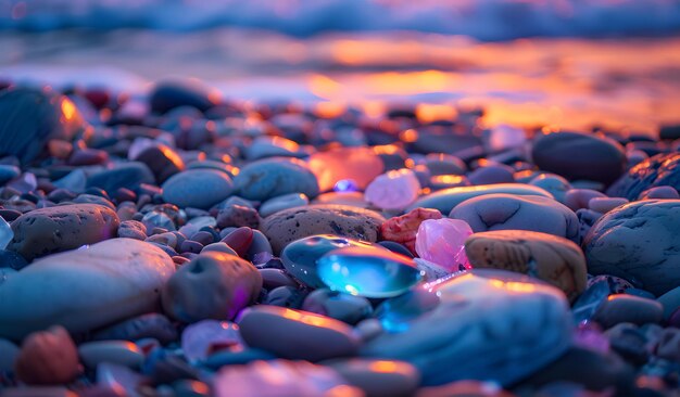 Photo a beach with rocks and lights on it